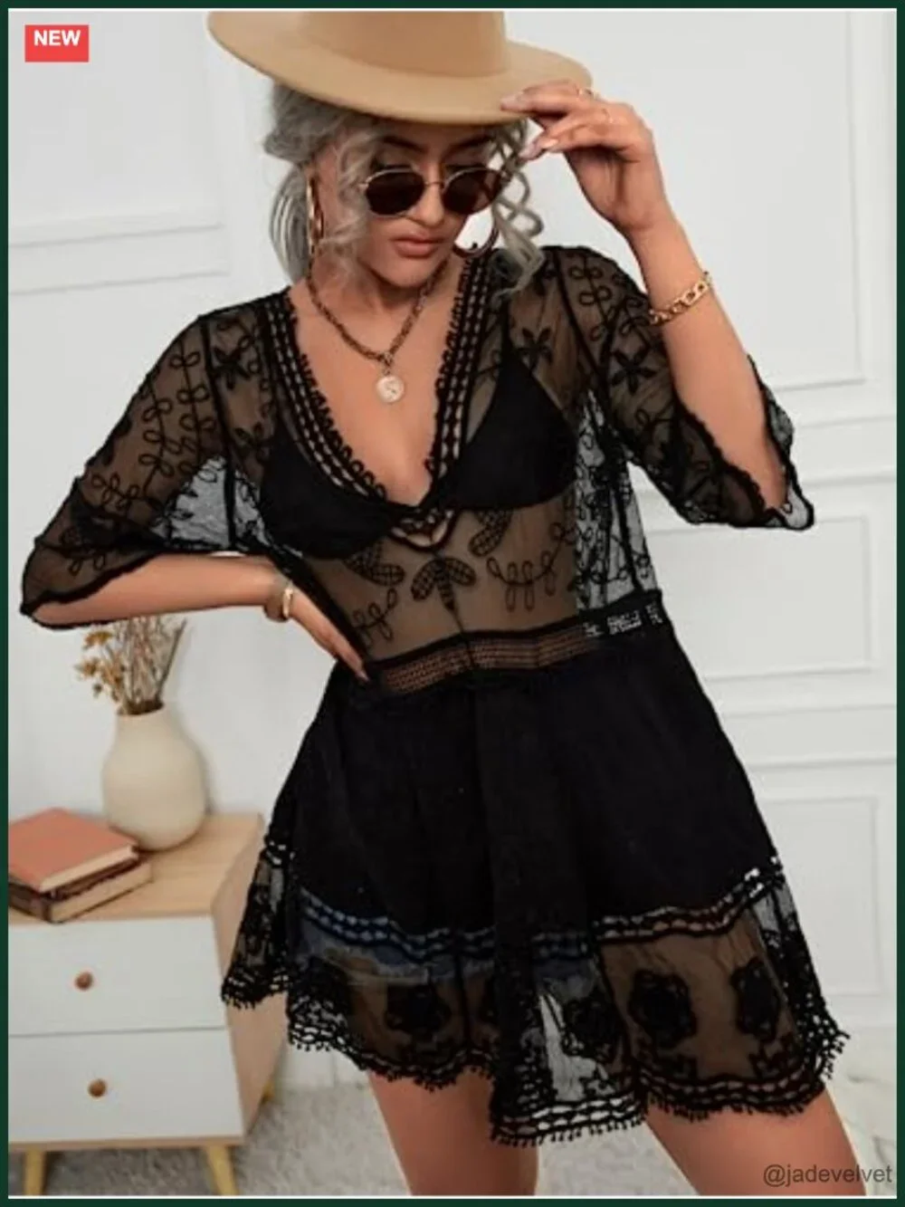 Women's Contrast Lace V-Neck Swimsuit Cover Up Beach Dress Loose Fit 3/4 Sleeve
